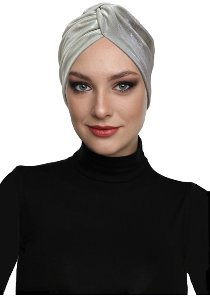 Kancalı Pırıltı Astarlı Krem Hazır Türban Tesettür Abiye Bone