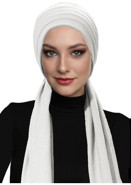 Fitilli Penye Bağlama Krem Hazır Türban Tesettür Bone