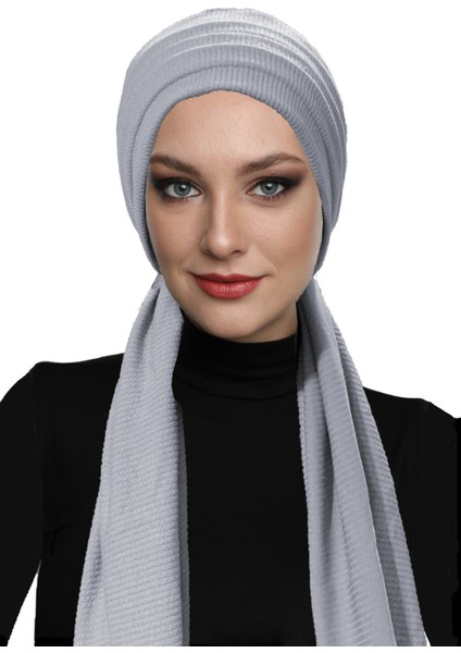 Fitilli Penye Bağlama Açık Gri Hazır Türban Tesettür Bone