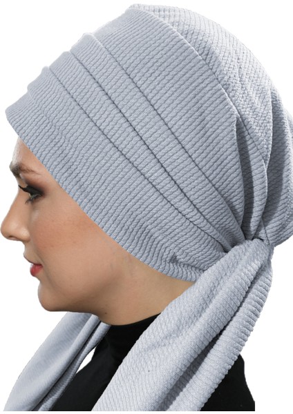 Fitilli Penye Bağlama Açık Gri Hazır Türban Tesettür Bone