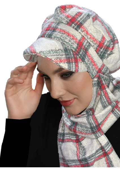 Yün Kasket Şapka Atkılı Ekose Gri Bordo Füme Hazır Türban Bone Bere