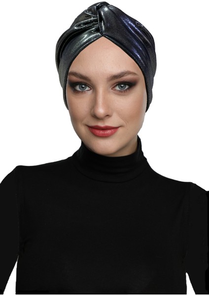 Kancalı Pırıltı Astarlı Siyah Gümüş Hazır Türban Abiye Bone