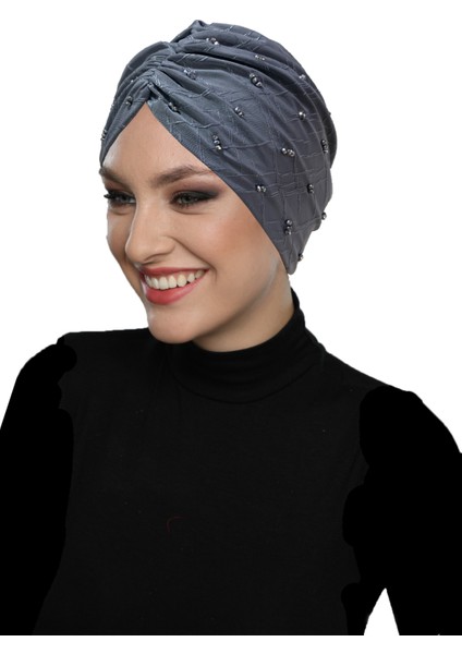 Kristal Venezia Astarlı El Işi Kristal Taş Işlemeli Koyu Gri Hazır Türban Tesettür Abiye Bone indirimleri