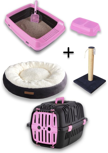 Açık Kedi Tuvalet + Taşıma Sepeti + Tırmalama + Simit Yatak + Büyük Mama Kabı Kedi Seti-At8