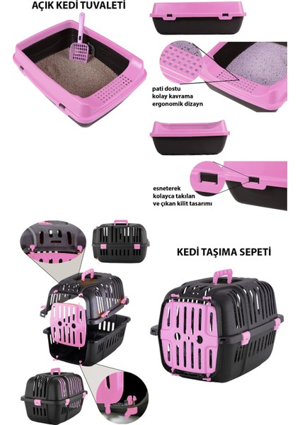 Açık Kedi Tuvalet + Taşıma Sepeti + Tırmalama + Simit Yatak + Büyük Mama Kabı Kedi Seti-At8