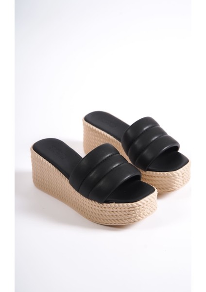 REİNA Dolgu Topuklu Ortopedik Taban Hasır Görünümlü Kadın Terlik KT Siyah