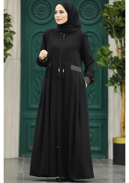 Pile Detaylı Siyah Tesettür Ferace 45271S