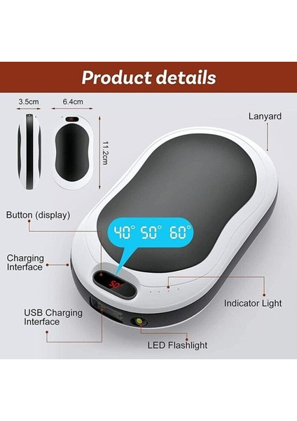 4 In 1 10000MAH USB Şarj Edilebilir El Isıtıcı Güç Bankası LED El Feneri Masaj Çift Taraflı Isıtma Üçüncü Vites Sıcaklık (Yurt Dışından)