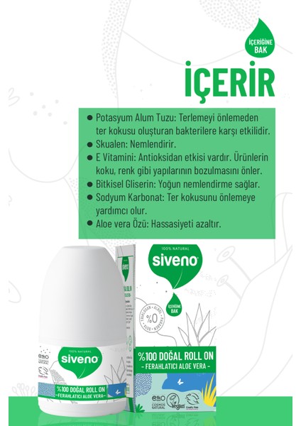 %100 Doğal Roll-On Aloe Vera Deodorant Ter Kokusu Önleyici Bitkisel Lekesiz Vegan 50 ml