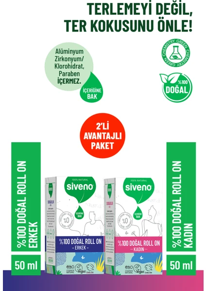 %100 Doğal Roll On Kadın & Erkek Deodorant Bitkisel Lekesiz Vegan 50 ml Set