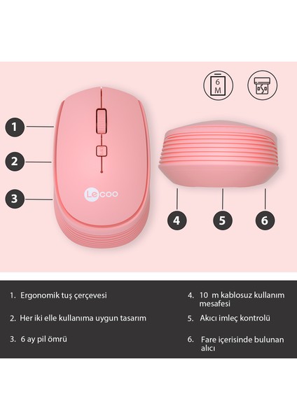 WS202 Kablosuz 1200DPI 4 Tuşlu Optik Mouse Pembe