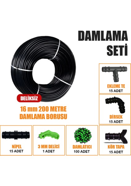 Sera Trend 200 Metre Damla Sulama Sistemi Damlama Borusu ve Ek Parçaları Bahçe Ağaç Fidan Sebze Sulama Ekipmanları Damlama Hortumu