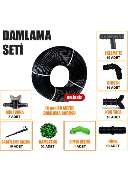 50 Metre Damla Sulama Sistemi Seti Damlama Hortumu ve Ek Parçaları Bahçe Ağaç Fidan Sebze Sulama Ekipmanları Damlama Borusu