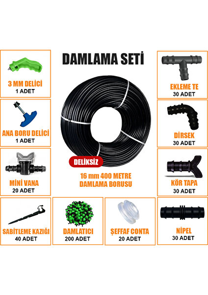 Sera Trend 400 Metre Damla Sulama Seti Damlama Hortumu ve Ek Parçaları Bahçe Ağaç Fidan Sebze Sulama Ekipmanları Damlama Borusu Sistemi Seti