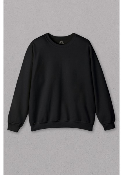 Siyah Bisiklet Yaka Basic Unisex Erkek Sweatshirt Kadın Sweat