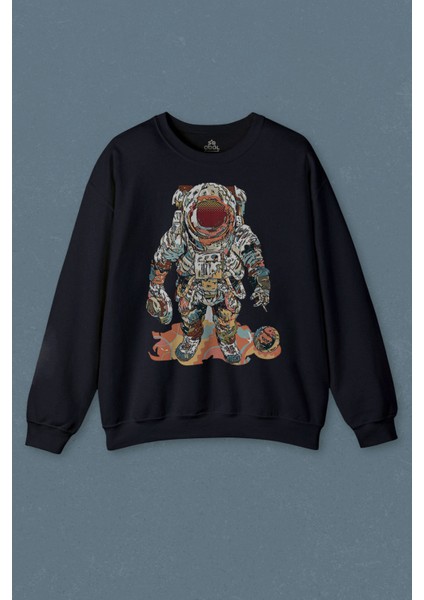Lacivert Sweatshirt Fly Me To The Moon Astronot Gezegen Baskılı Unisex Sweat