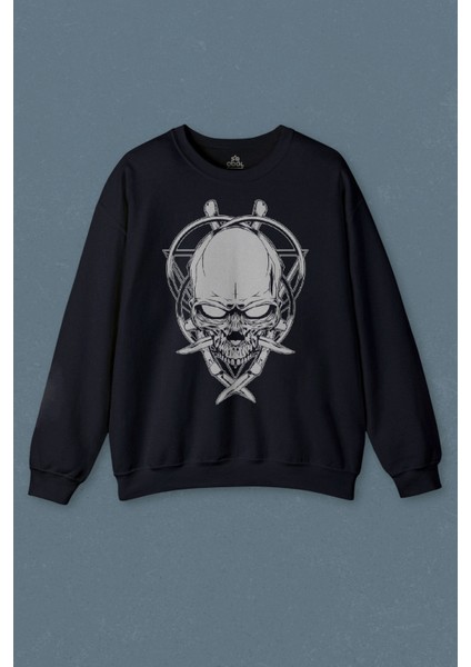Lacivert Sweatshirt Skull Knıfe Illustration Kuru Kafa Bıçak Çakı Baskılı Unisex Sweat