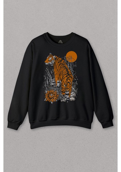 Unisex Sweatshirt Kaplan Ay Dolunay Moon Tiger Baskılı Sweat