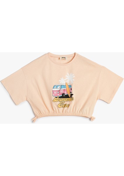 Crop Tişört Tropik Baskılı Beli Lastikli Kısa Kollu Pamuklu