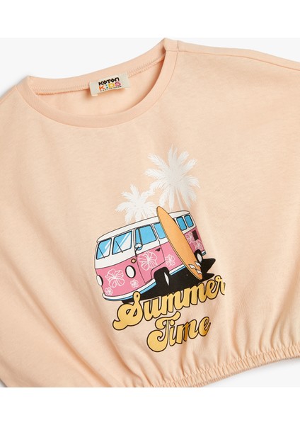 Crop Tişört Tropik Baskılı Beli Lastikli Kısa Kollu Pamuklu modelleri