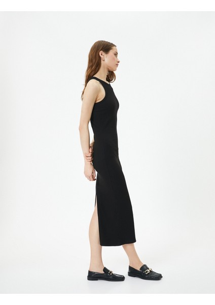 Midi Elbise Halter Yaka Bodycon Fitilli