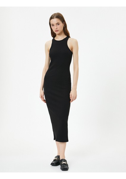 Midi Elbise Halter Yaka Bodycon Fitilli