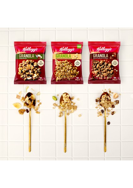 Granola 60 G x 15 Adet, Çikolata Parçacıklı ve Fındıklı, Kurutulmuş Meyveli, Beyaz Çikolatalı ve Antep Fıstıklı