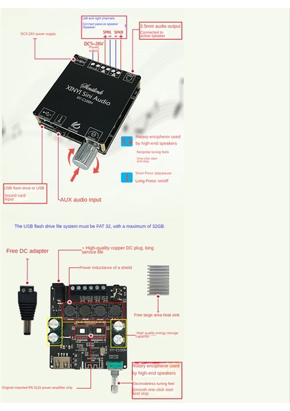 XY-C100H Bluetooth5.0 Dijital Amplifikatör Kartı TPA3116D2 100W+100W 2 Kanallı Hıfı Sürüm 2.0 Stereo Ses Modülü DC5-26V (Yurt Dışından)