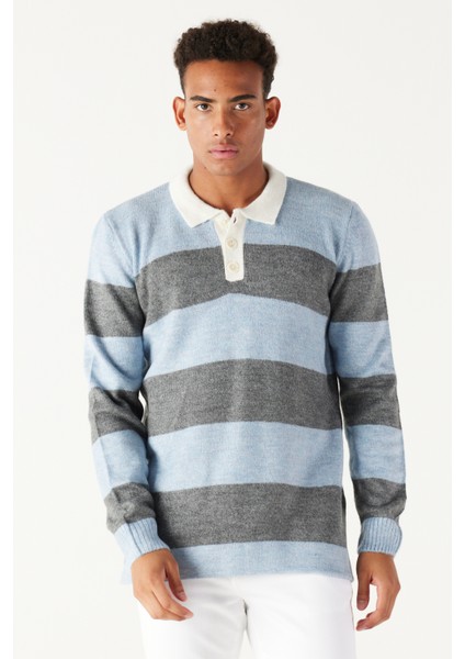 Erkek Mavı Antrasıt Standart Fit Normal Kesim Polo Yaka Çizgili Şardonlu Yumuşak Dokulu Triko Kazak