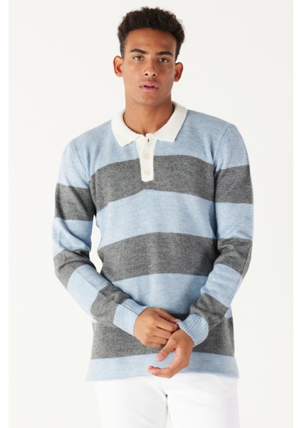 Erkek Mavı Antrasıt Standart Fit Normal Kesim Polo Yaka Çizgili Şardonlu Yumuşak Dokulu Triko Kazak modelleri