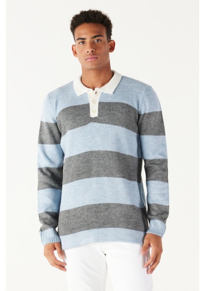 Erkek Mavı Antrasıt Standart Fit Normal Kesim Polo Yaka Çizgili Şardonlu Yumuşak Dokulu Triko Kazak fırsatları