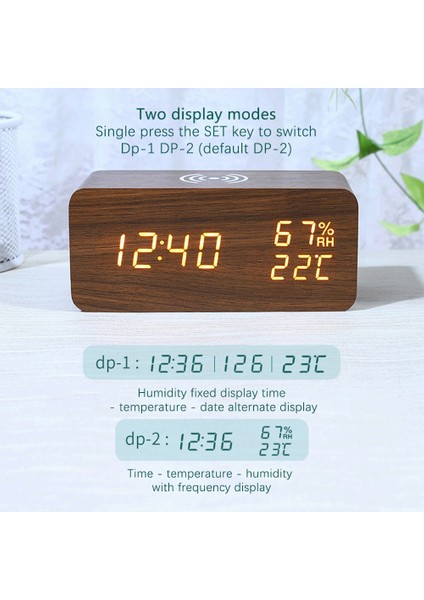 Dijital Çalar Saat, Sıcaklık ve Nem Çalar Saat LED Elektronik Saat Akıllı Telefon Kablosuz Şarj Cihazı (Ahşap Rengi) (Yurt Dışından)