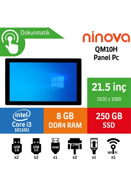 21.5" Gümüş QM10H-I3 8GB-250SSD Panel Pc