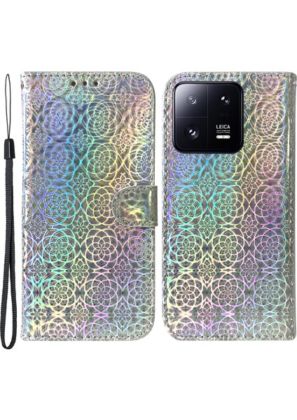 Xiaomi 13 Pro 5g Stand Telefon Cüzdanı Kapağı Göz Kamaralı Çiçek Deseni Pu Deri Cep Telefon Kılıfı-Gri (Yurt Dışından)