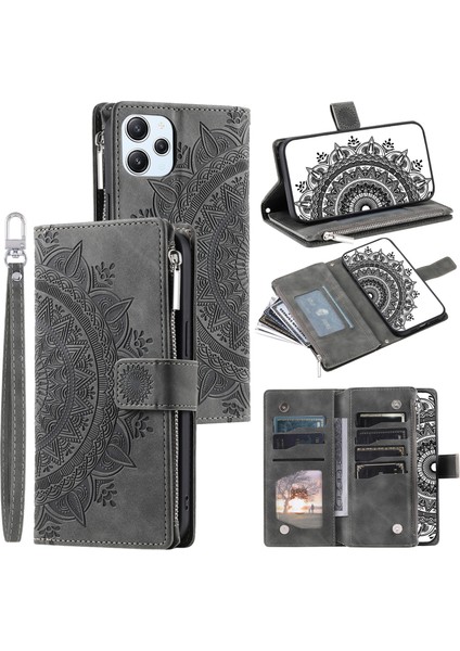 Xiaomi Redmi Için 12 4g Pu Deri Mandala Çiçek Baskalı Stand Kapak Kartı Tutucu Zipper Cep Cüzdan Kılıfı-Gri (Yurt Dışından)
