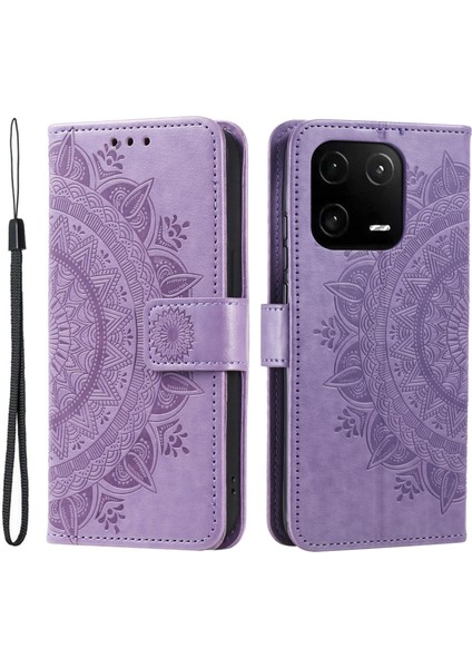 Xiaomi 13 Pro 5g Için Baskı Mandala Çiçek Telefon Kılıfı Anti-Drop Cüzdan Stand Kapağı Kayış-Mor (Yurt Dışından)