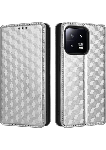 Xiaomi 13 5g Için Manyetik Otomatik Kapanış Telefon Kılıfı Rhombus Desen Basılı Pu Deri Cüzdan Stand Cep Telefonu Kapağı-Gümüş (Yurt Dışından)