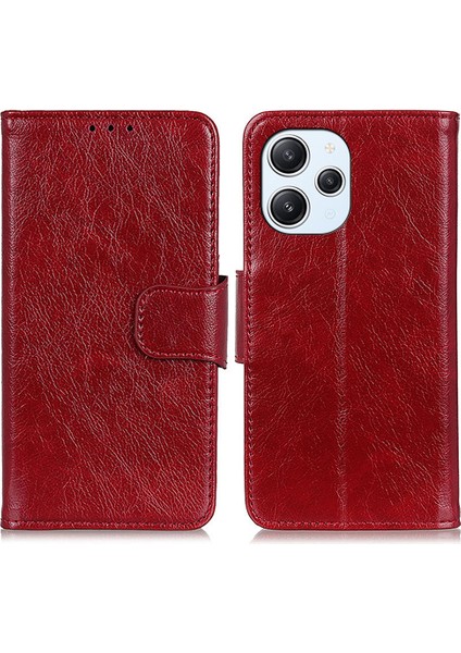 Xiaomi Redmi Için 12 4g Nappa Doku Telefon Kılıfı Bölünmüş Deri Cüzdan Stand Anti-Fall Kapak-Kırmızı (Yurt Dışından)