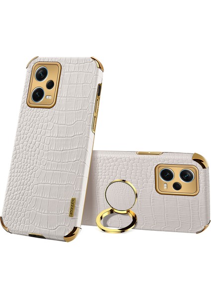 Xiaomi Redmi Için Note 12 Pro+ 5g Deri Kaplamalı Tpu Kasa Timsah Dokusu Elektrumetli Telefon Kapağı Ring Kickstand-Beyaz (Yurt Dışından)