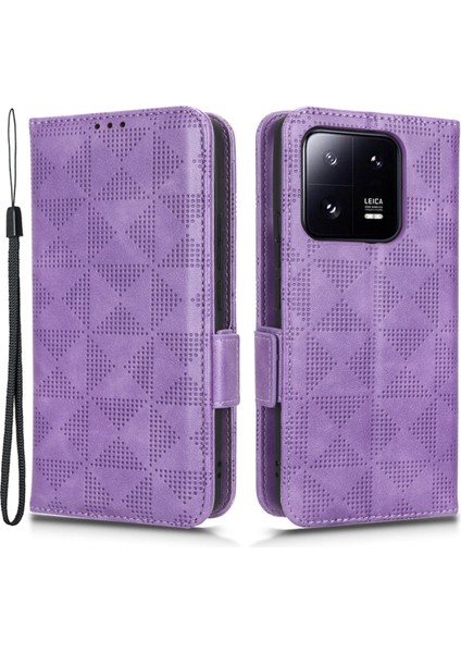 Xiaomi 13 Pro 5g Için Koruyucu Telefon Kapağı Baskılı Üçgen Desen Pu Deri Deri Anti-Fall Flip Cüzdan Kılıfı El Kayışı ile Stand-Mor (Yurt Dışından)