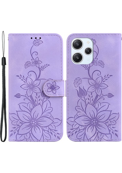 Xiaomi Redmi Için 12 4g Baskılı Zambak Çiçek Telefon Kılıfı Pu Deri Stand Telefon Cüzdan Kapağı-Mor (Yurt Dışından)