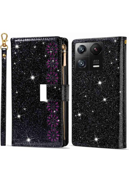 Xiaomi 13 Flip Telefon Kapağı Lazer Oyma Işıltılı Yıldız Tarzı Fermuar Cüzdan Standı Pu Deri Telefon Kasası-Siyah (Yurt Dışından)
