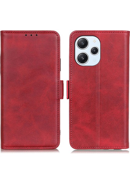 Xiaomi Redmi Için 12 4g Flip Cüzdan Kılıfı Pu Deri Deri Cowhide Doku Stand Koruyucu Telefon Kapağı-Kırmızı (Yurt Dışından)