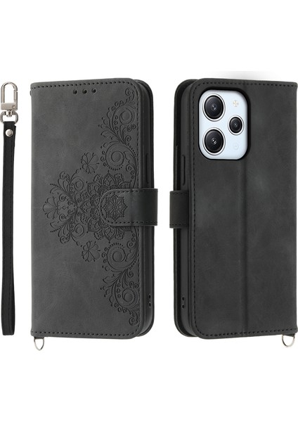 Xiaomi Redmi 12 4g Için Telefon Kılıfı Basılı Çiçek Stand Cüzdan Deri Kapak Bilek Kayışı+Omuz Kayışı-Siyah (Yurt Dışından)