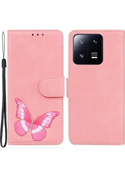 Xiaomi 13 Pro 5g Deri Telefon Kapağı Kelebek Baskı Cüzdan Standı Anti-Drop Telefon Kılıfı-Pembe (Yurt Dışından)