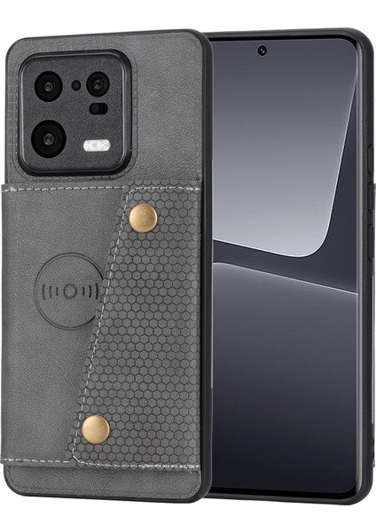 Çift Düğme Kartı Yuvaları Xiaomi 13 Pro 5g Kickstand Araba Montaj Metal Sayfası Anti-Çizelge Deri Kapalı Tpu Arka Kapak-Gri (Yurt Dışından)