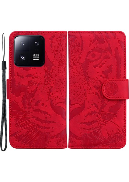 Xiaomi 13 Pro 5g Cep Telefonu Kılıfı Tiger Baskılı Pu Deri Cüzdan Stand Koruyucu Kapak-Kırmızı (Yurt Dışından)