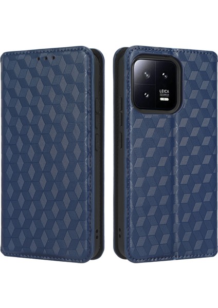 Xiaomi 13 Pro 5g Rhombus Desen Için Pu Deri Flip Telefon Cüzdan Kapağı Manyetik Otomatik Emici Stand Şok Geçirmez Telefon Kasası-Mavi (Yurt Dışından)