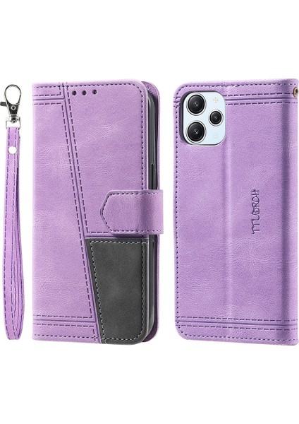 Xiaomi Redmi Için 12 4g Style 004 Bilek Kayışı Ekleme Cilt Deri Deri Kılıf Rfıd Blomak Cülten Kullanılması Stand Kapağı-Mor (Yurt Dışından)