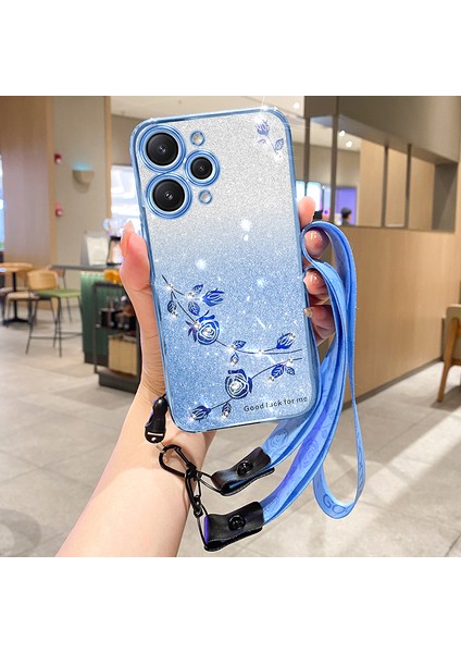 Xiaomi Redmi Için 12 5g/not 12R 5g/poco M6 Pro 5g Esnek Tpu Kapak Glitter Rhinestone Dekor Çiçek Tasarım Telefon Kılıfı-Mavi (Yurt Dışından)